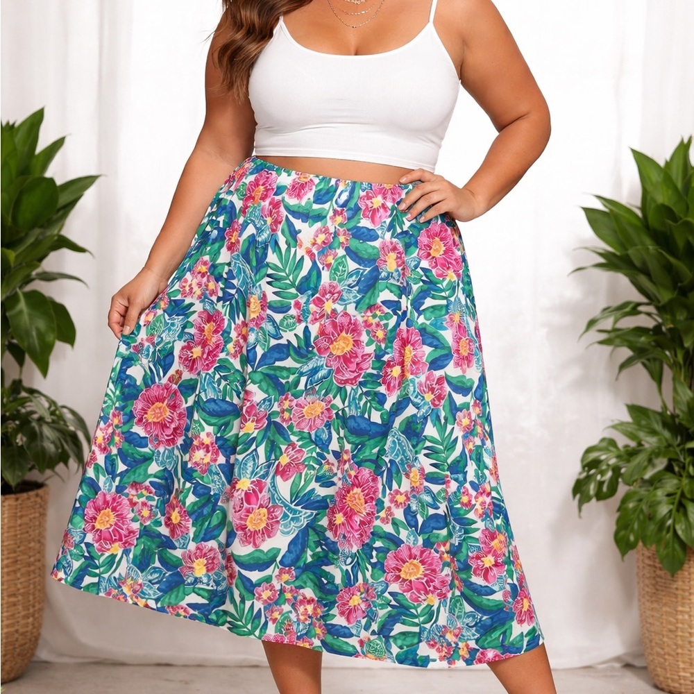 Vintage 90s Floral Tropical Art To Wear Print Stretch Waist Vintage Pocket Skirt